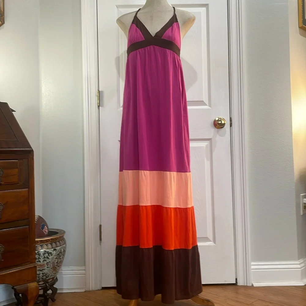 Roxy Maxi sun dress long halter style summer color block pink brown women size M - Picture 1 of 16
